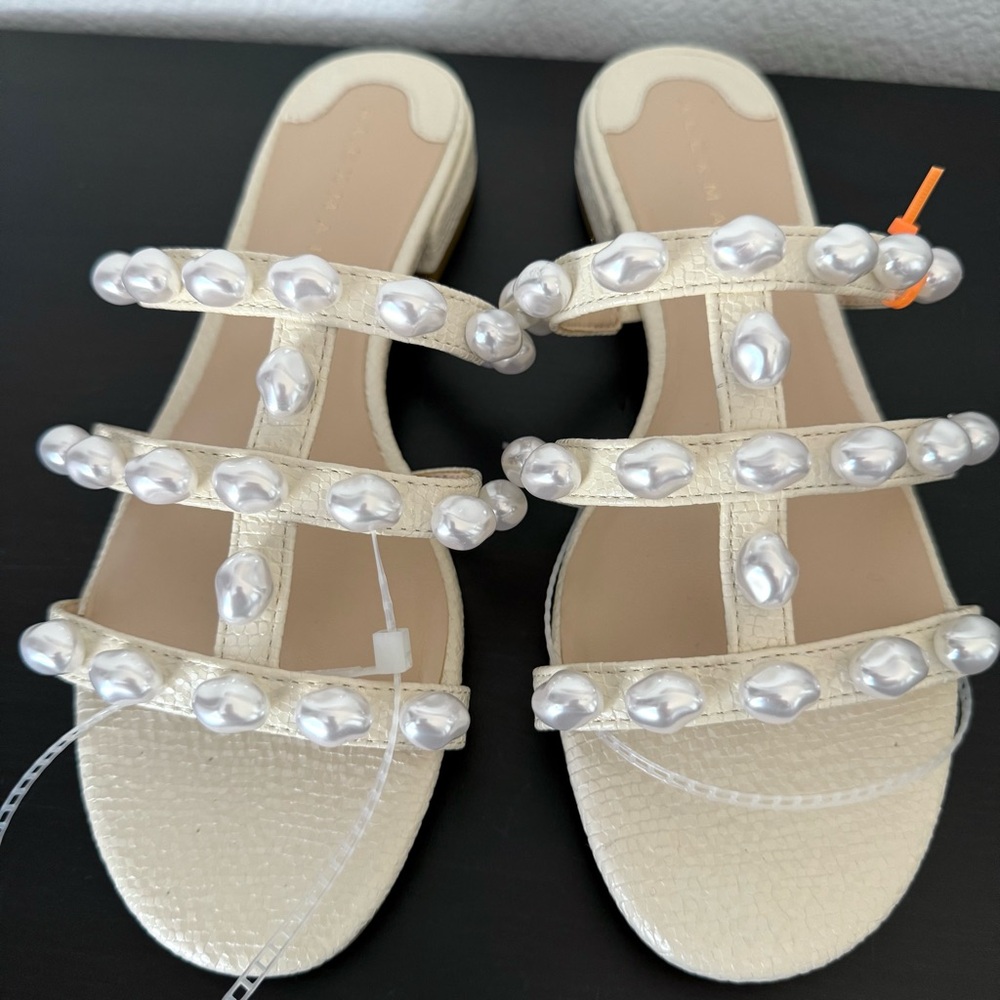 Alex Marie Cyrus Two Embossed Patent T-Strap Pearl Ornamented Slide Sandals